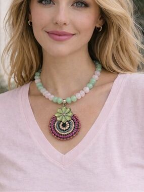 NEW ❤️❤️❤️ Pink & Mint Crystal Beaded Art Deco Statement Necklace